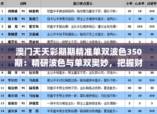 澳门天天彩期期精准单双波色350期：精研波色与单双奥妙，把握财富脉搏